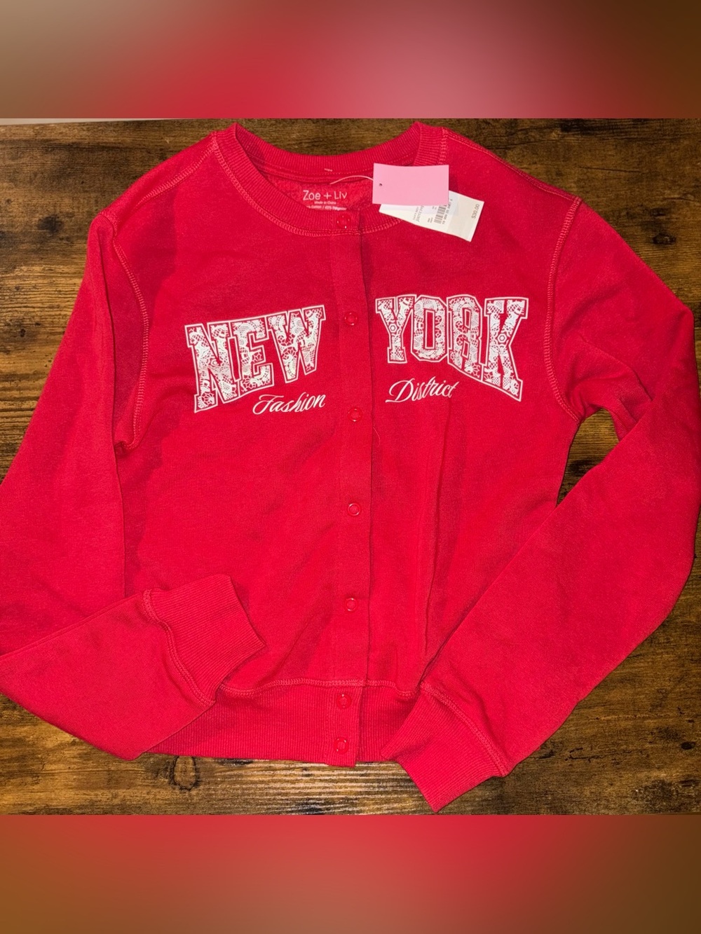 Zoe + Liv Red Button-Front Graphic Cardigan